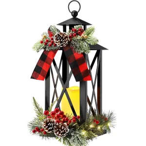 Hatisan Metal Christmas Lanterns Vintage Candle Lanterns with LED and Ribbon Hanging Christmas Decor Lantern for Indoor Outdoor Porch Patio Party Gift (Black)