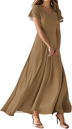 Hawaiian Dresses for Women Summer Casual Trendy Short Sleeve V-Neck Solid Color Flowy Boho Maxi Beach Dress, XS-2XL