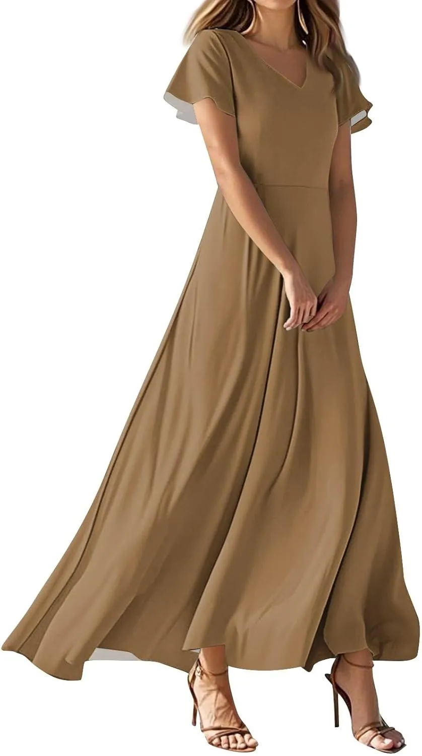 Hawaiian Dresses for Women Summer Casual Trendy Short Sleeve V-Neck Solid Color Flowy Boho Maxi Beach Dress, XS-2XL
