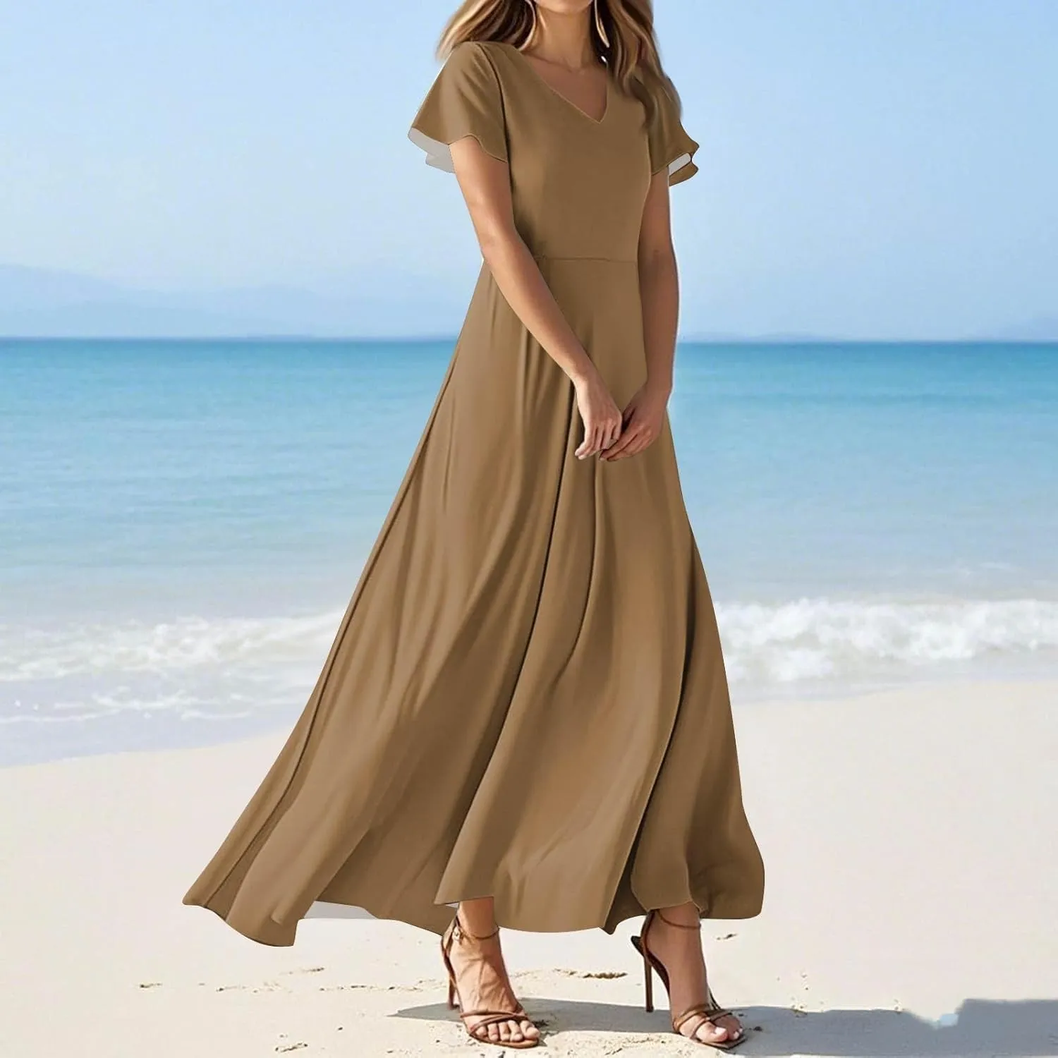 Hawaiian Dresses for Women Summer Casual Trendy Short Sleeve V-Neck Solid Color Flowy Boho Maxi Beach Dress, XS-2XL