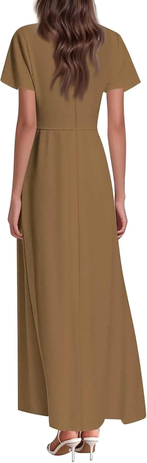Hawaiian Dresses for Women Summer Casual Trendy Short Sleeve V-Neck Solid Color Flowy Boho Maxi Beach Dress, XS-2XL