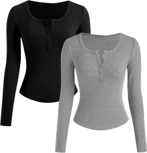 Henley Shirts for Women Long Sleeve Ribbed Knit Slim Fit Crop Tops 2024 Fall Casual Basic Tops Blouse Underscrubs