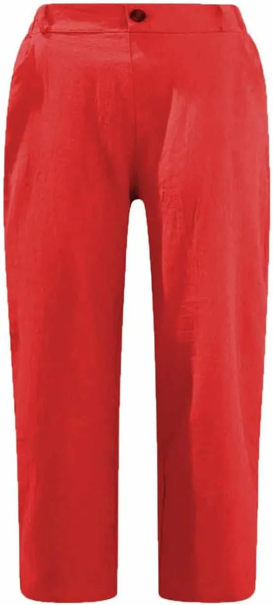 HGps8w Capri Linen Pants for Women Casual Summer Elastic High Waist Pants Straight Leg Cropped Trousers with Pockets
