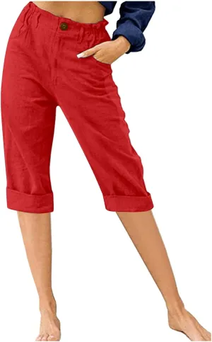 HGps8w Capri Linen Pants for Women Casual Summer Elastic High Waist Pants Straight Leg Cropped Trousers with Pockets
