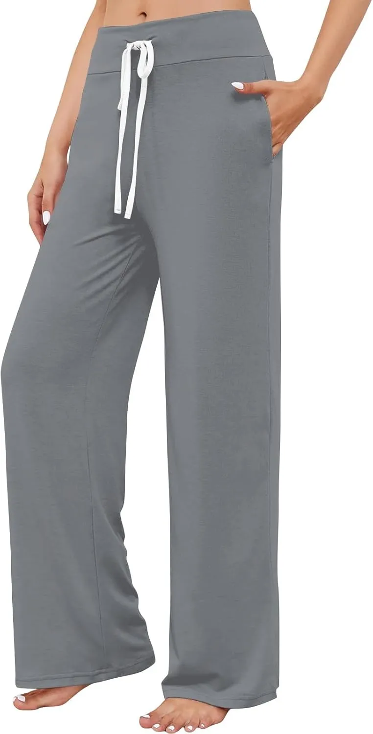 High Waist Wide Leg Sweatpants Women - Stretchy Athletic Adjustable Drawstring Loose Fit Lounge Pants with Pockets