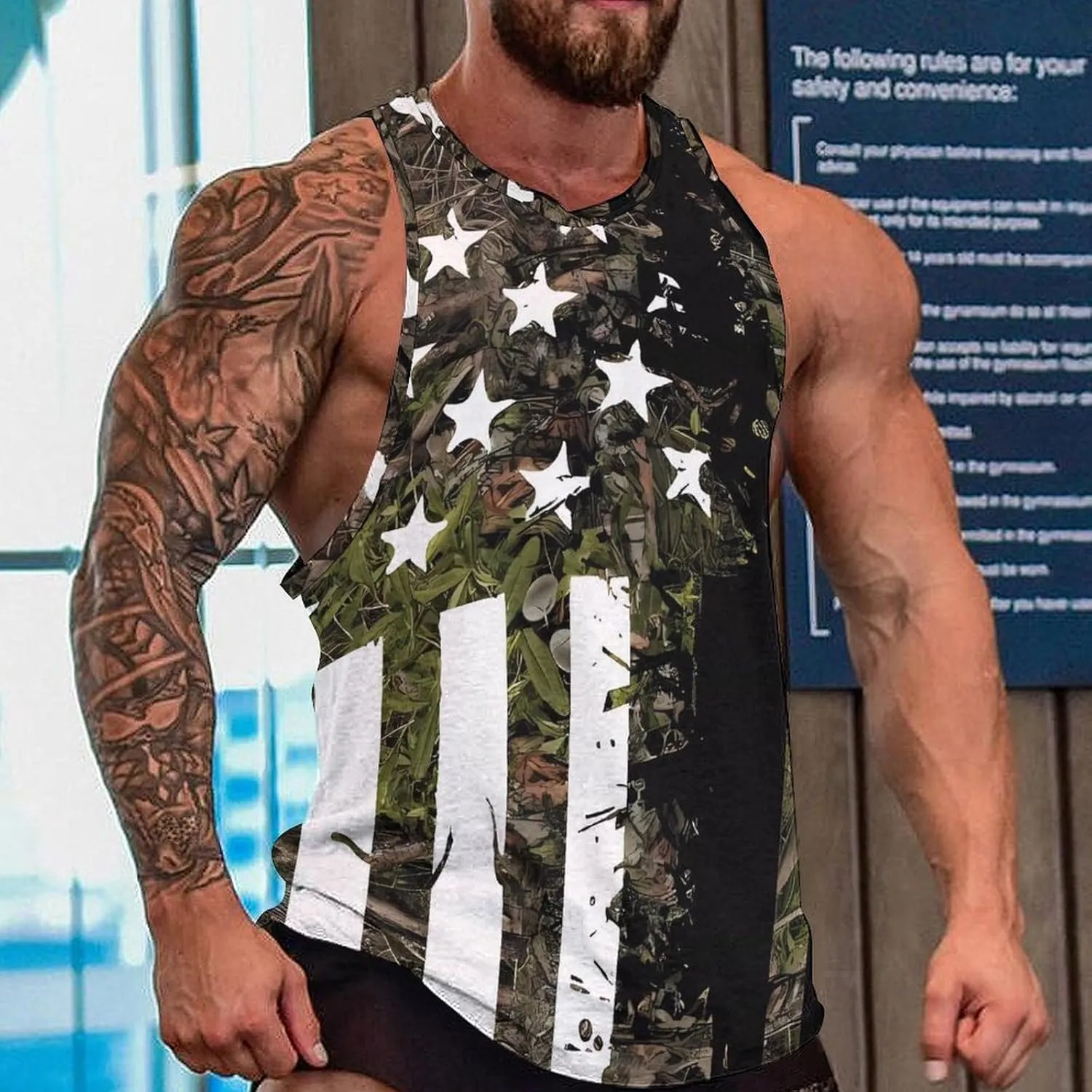 HOTYD American Flag Tank Tops Men Patriotic Tank Tops for Men 3D Print Summer Casual Quick Dry Sleeveless Muscle Shirts