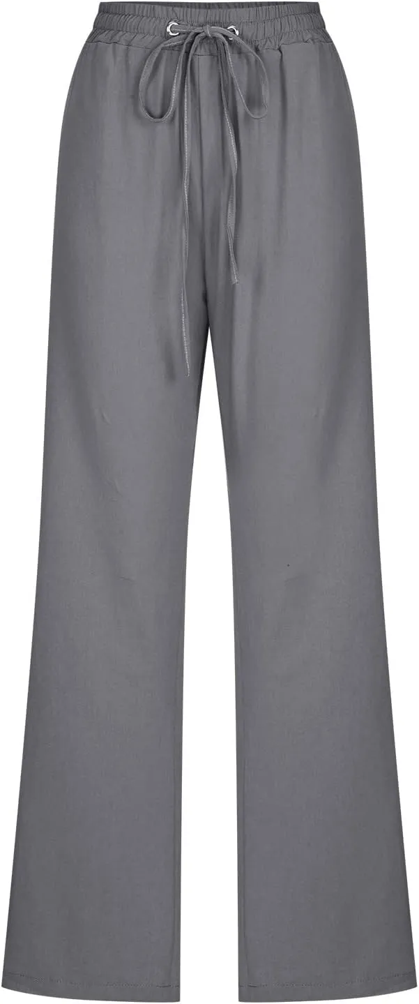 Hvyesh Women Cotton Linen Pants 2025 Summer Wide Leg Drawstring Elastic High Waisted Lounge Pants Casual Beach Trousers