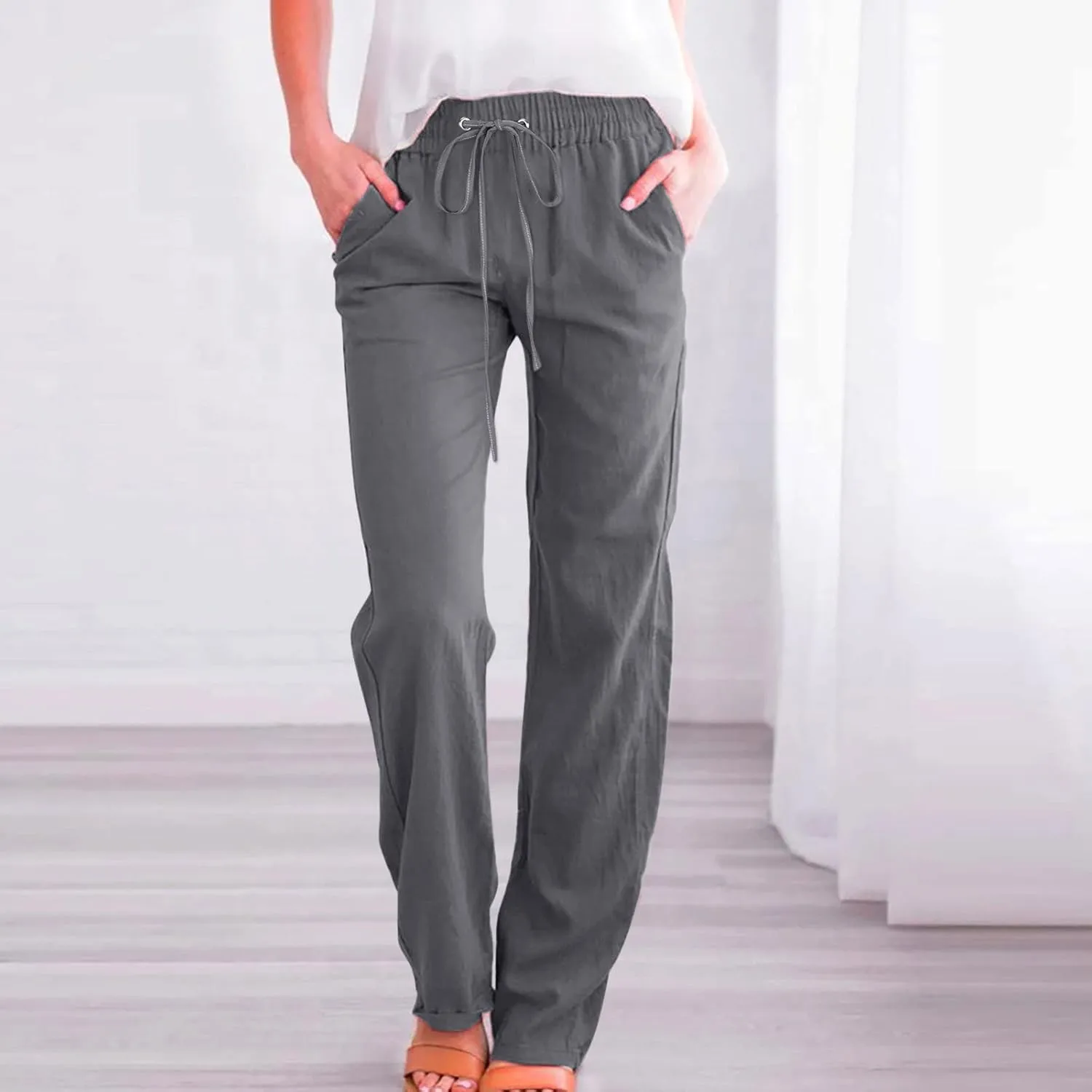 Hvyesh Women Cotton Linen Pants 2025 Summer Wide Leg Drawstring Elastic High Waisted Lounge Pants Casual Beach Trousers