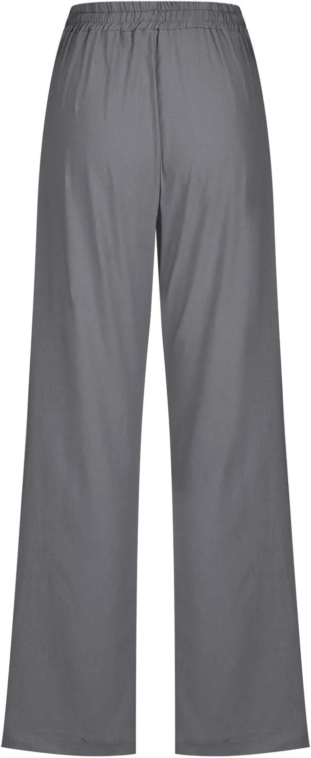 Hvyesh Women Cotton Linen Pants 2025 Summer Wide Leg Drawstring Elastic High Waisted Lounge Pants Casual Beach Trousers