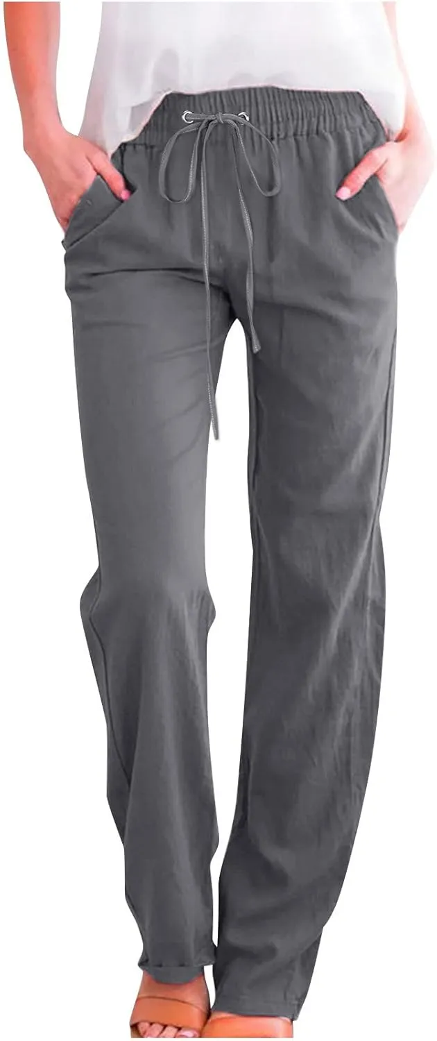 Hvyesh Women Cotton Linen Pants 2025 Summer Wide Leg Drawstring Elastic High Waisted Lounge Pants Casual Beach Trousers