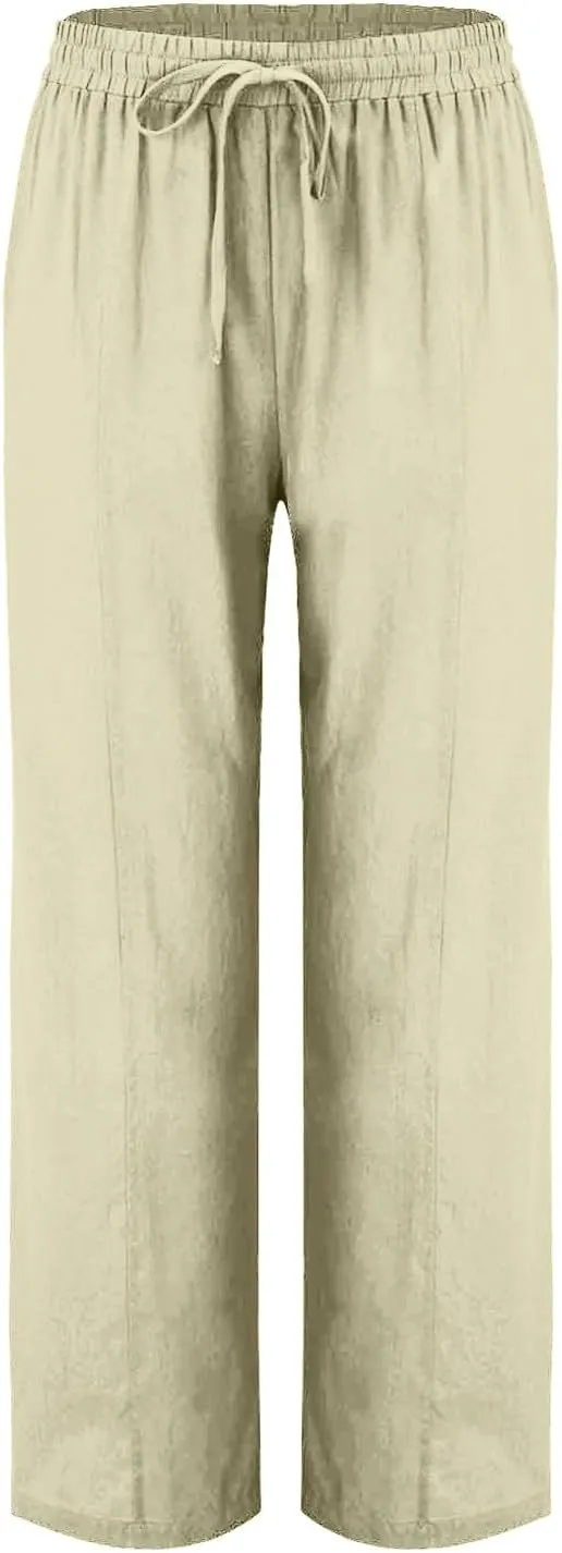 Hvyesh Womens Casual Linen Pants High Waist Drawstring Loose Fit Summer Pants Straight Leg Trousers with Pockets