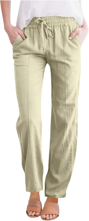 Hvyesh Womens Casual Linen Pants High Waist Drawstring Loose Fit Summer Pants Straight Leg Trousers with Pockets