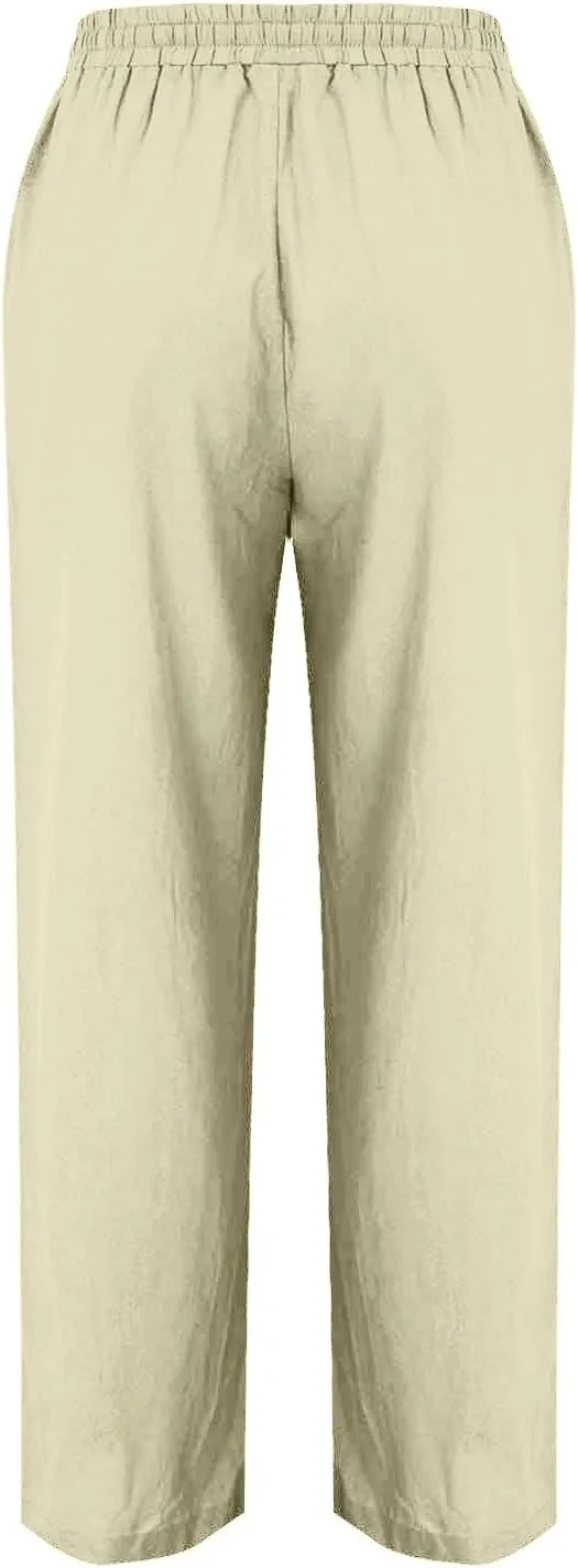 Hvyesh Womens Casual Linen Pants High Waist Drawstring Loose Fit Summer Pants Straight Leg Trousers with Pockets