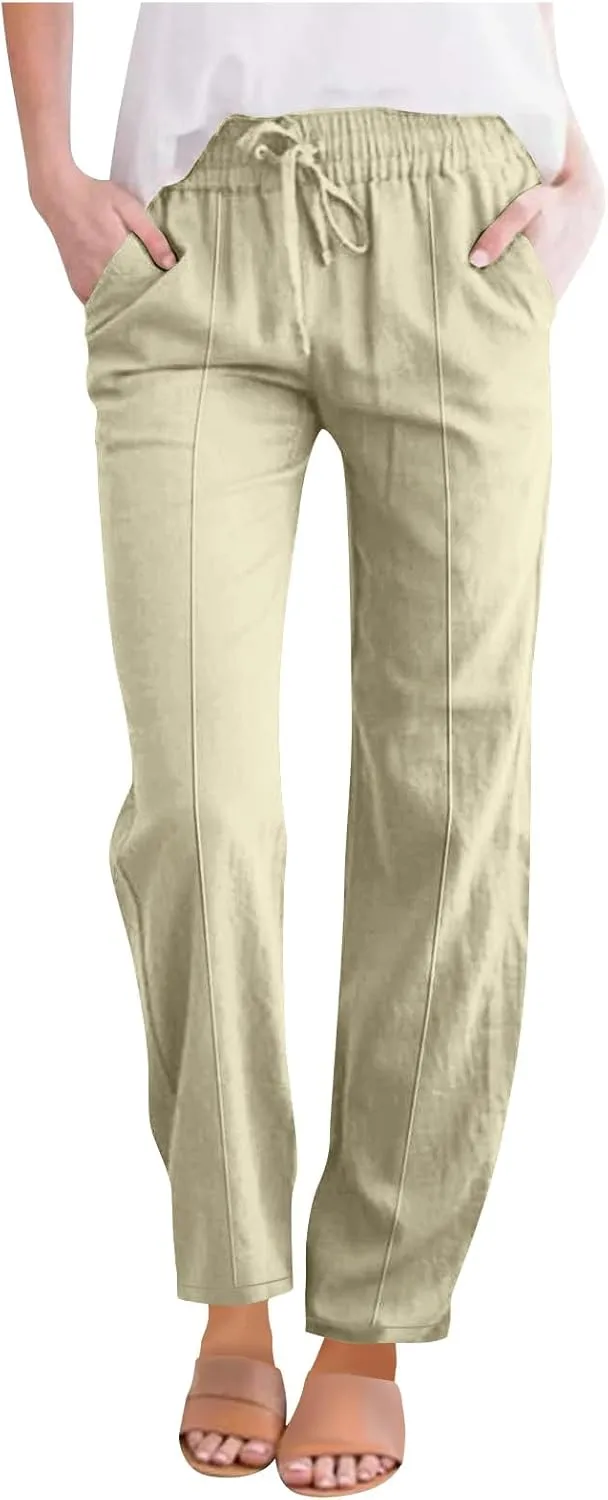 Hvyesh Womens Casual Linen Pants High Waist Drawstring Loose Fit Summer Pants Straight Leg Trousers with Pockets