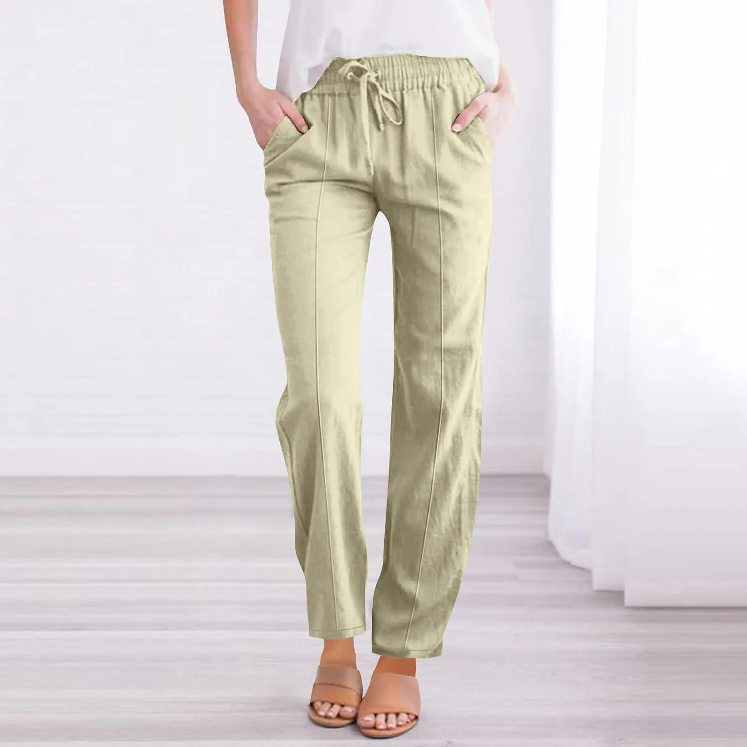 Hvyesh Womens Casual Linen Pants High Waist Drawstring Loose Fit Summer Pants Straight Leg Trousers with Pockets