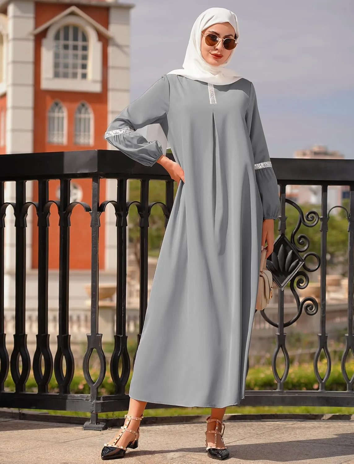 IDOPIP Muslim Abaya Dress for Women Casual Sequin Sundress Solid Dubai Kaftan Robe Party Long Sleeve Islamic Prayer Clothing