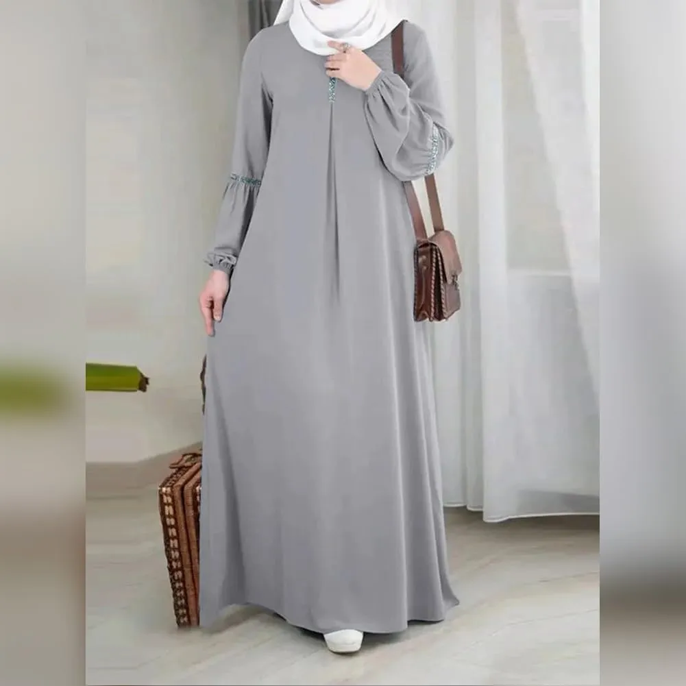 IDOPIP Muslim Abaya Dress for Women Casual Sequin Sundress Solid Dubai Kaftan Robe Party Long Sleeve Islamic Prayer Clothing
