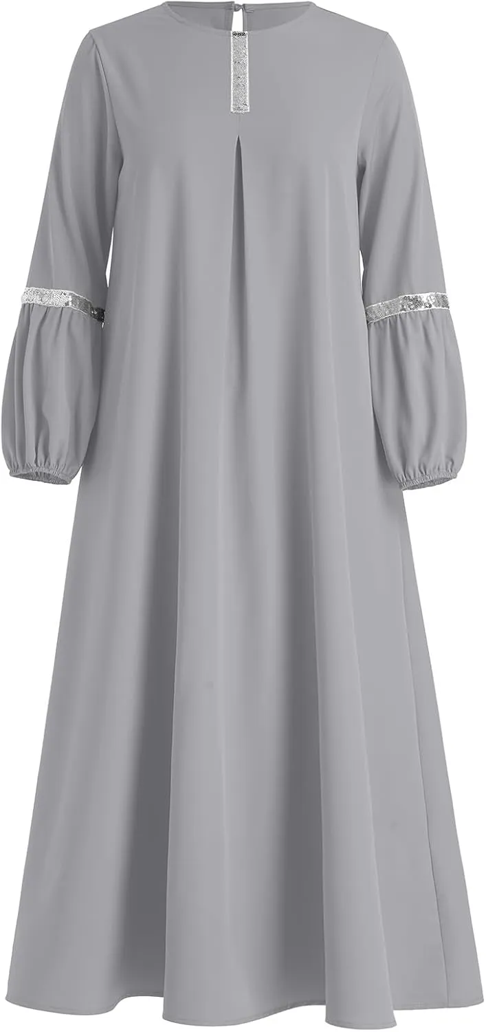 IDOPIP Muslim Abaya Dress for Women Casual Sequin Sundress Solid Dubai Kaftan Robe Party Long Sleeve Islamic Prayer Clothing