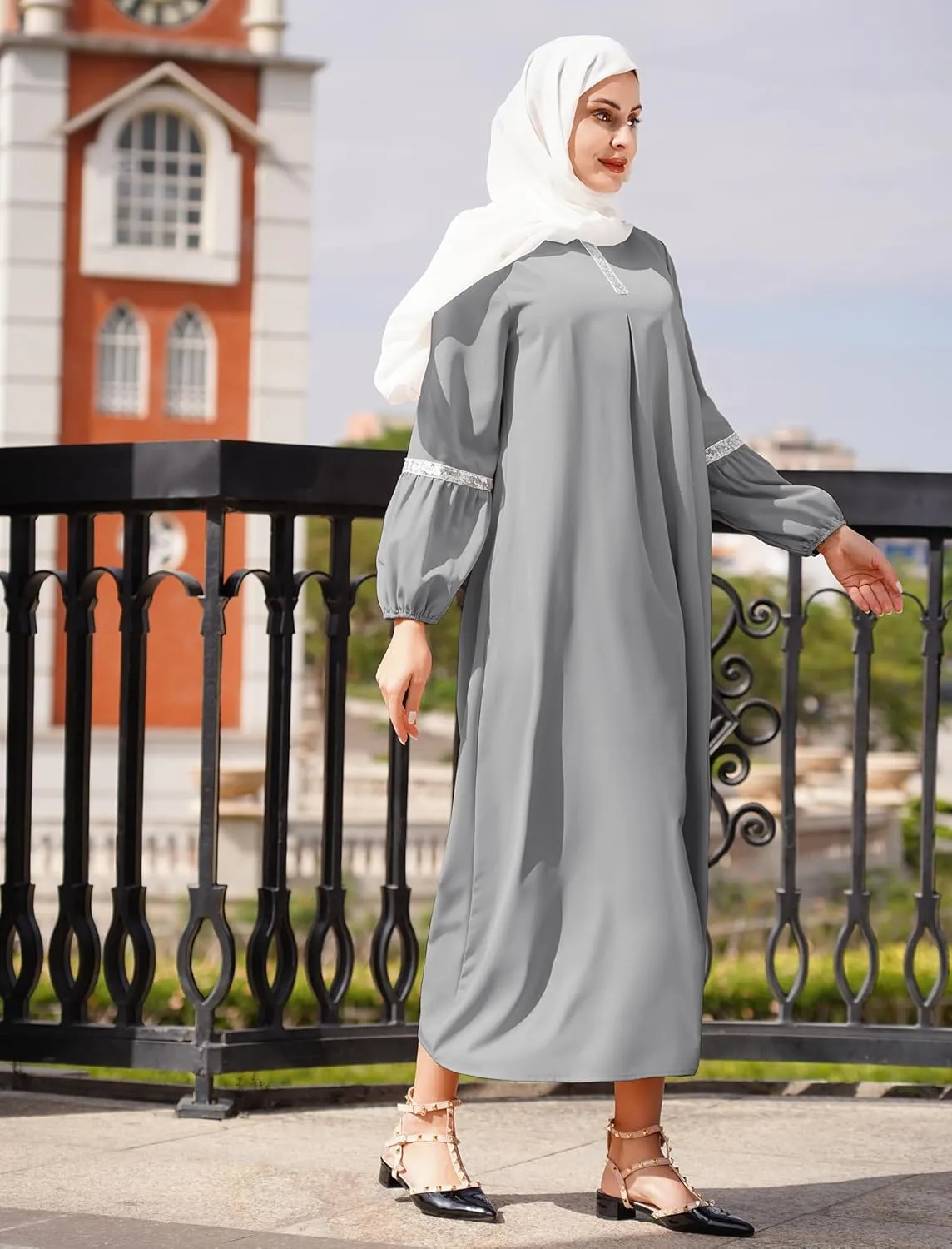 IDOPIP Muslim Abaya Dress for Women Casual Sequin Sundress Solid Dubai Kaftan Robe Party Long Sleeve Islamic Prayer Clothing