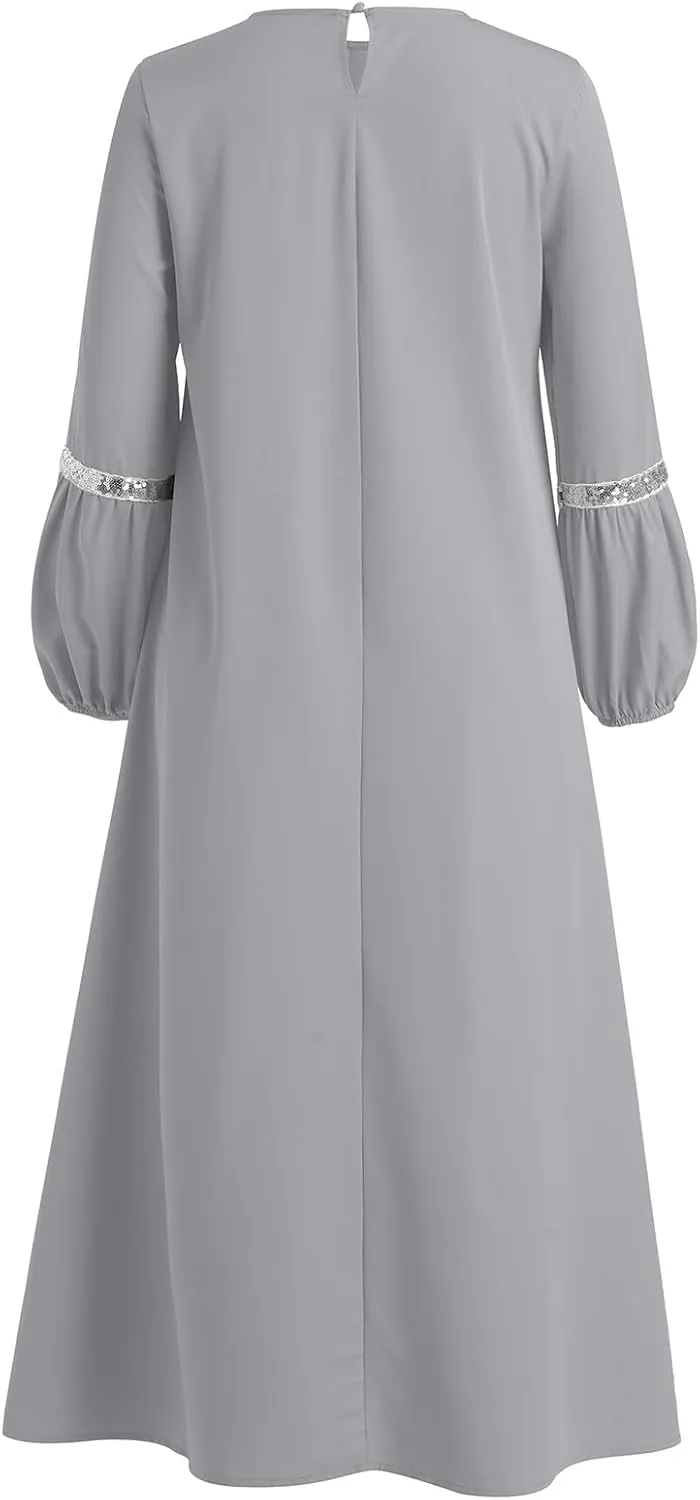 IDOPIP Muslim Abaya Dress for Women Casual Sequin Sundress Solid Dubai Kaftan Robe Party Long Sleeve Islamic Prayer Clothing