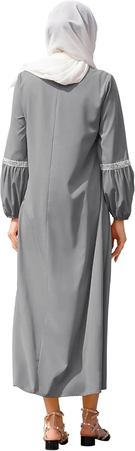 IDOPIP Muslim Abaya Dress for Women Casual Sequin Sundress Solid Dubai Kaftan Robe Party Long Sleeve Islamic Prayer Clothing