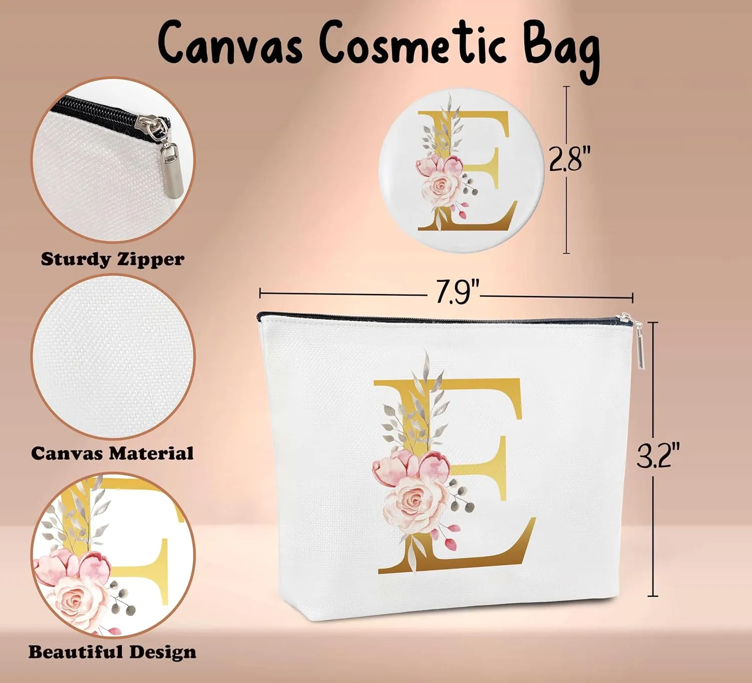 Initial Canvas Makeup Bag with Mirror,Purse Zipper Cosmetic Bag,Personalized Makeup Bag,Travel Makeup Pouch,Makeup Bag for Purse,Bridesmaid Gifts,Birthday Gift for Sister,Women,Girls,Her,Friend-E