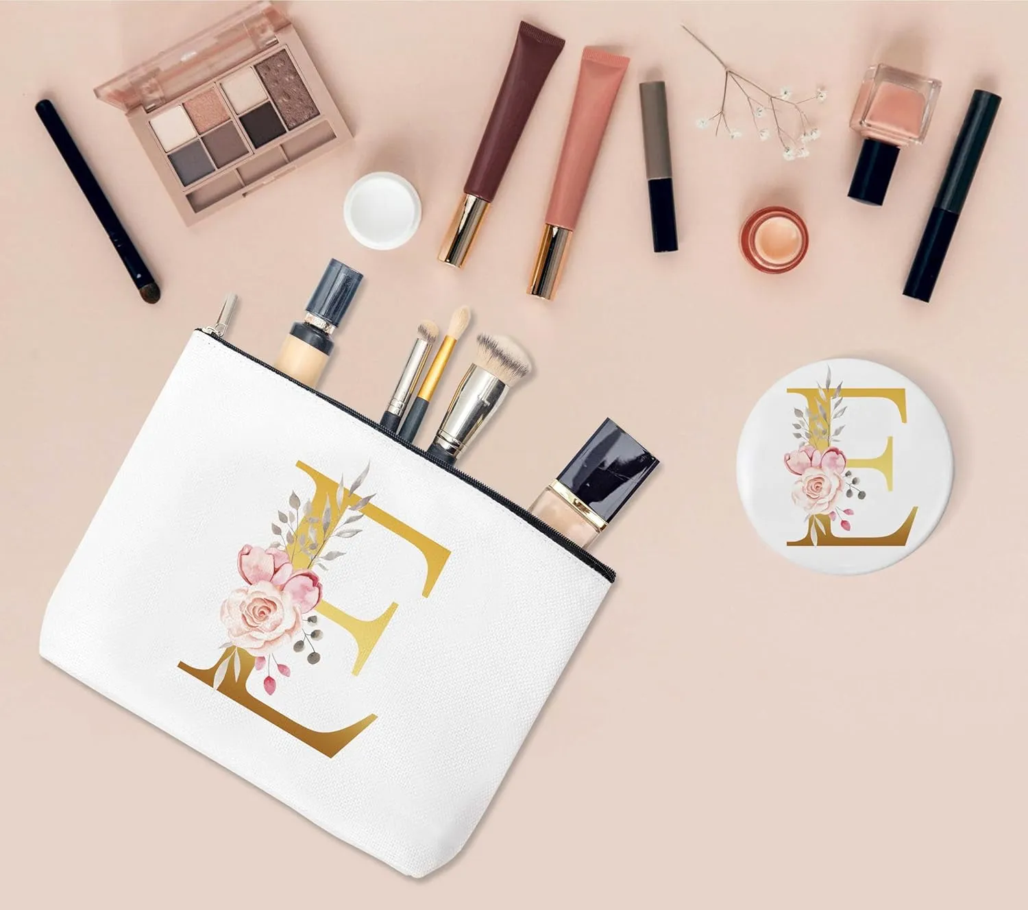 Initial Canvas Makeup Bag with Mirror,Purse Zipper Cosmetic Bag,Personalized Makeup Bag,Travel Makeup Pouch,Makeup Bag for Purse,Bridesmaid Gifts,Birthday Gift for Sister,Women,Girls,Her,Friend-E