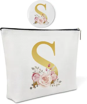 Initial Canvas Makeup Bag with Mirror,Purse Zipper Cosmetic Bag,Personalized Makeup Bag,Travel Makeup Pouch,Makeup Bag for Purse,Bridesmaid Gifts,Birthday Gift for Sister,Women,Girls,Her,Friend-S