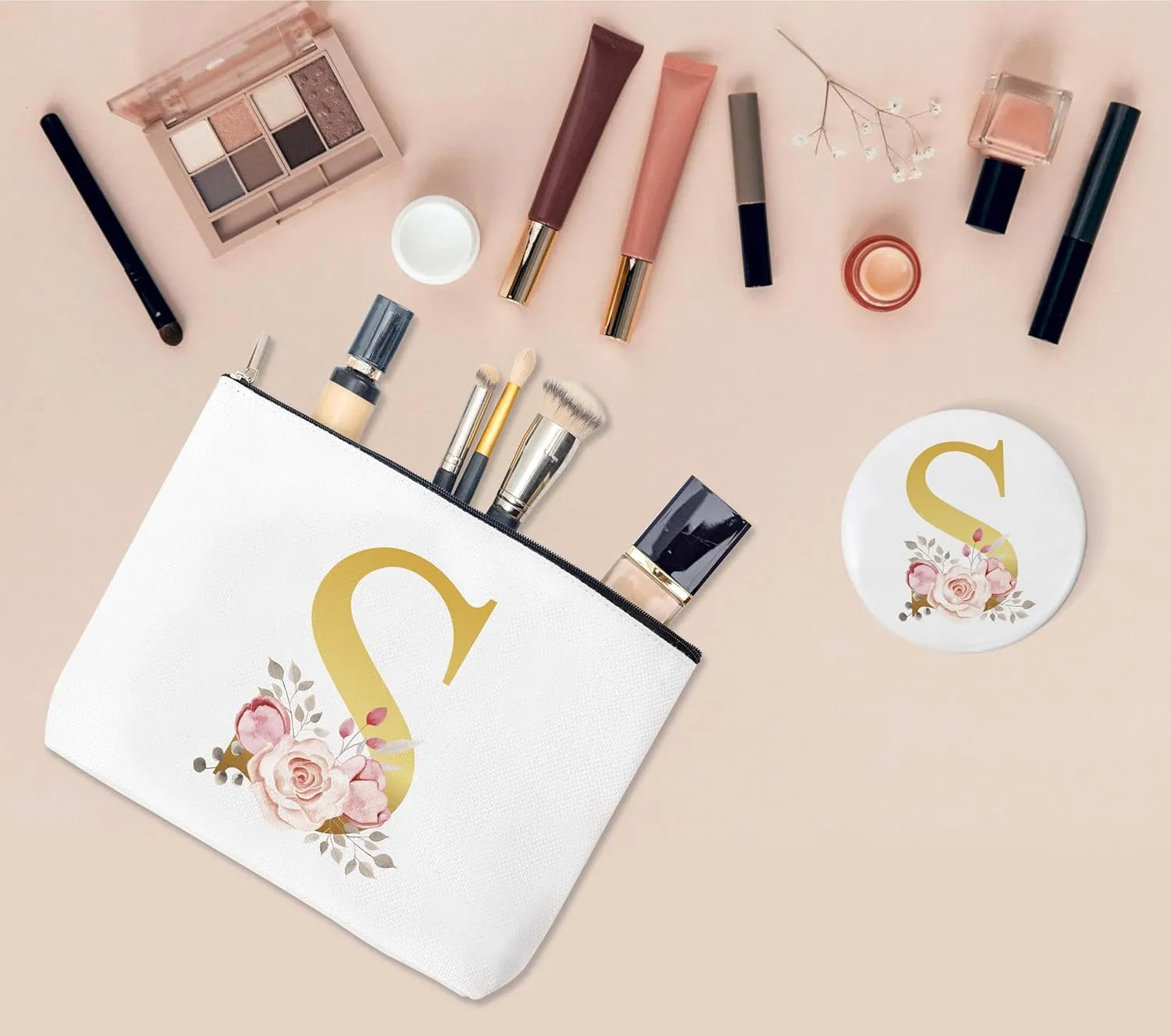 Initial Canvas Makeup Bag with Mirror,Purse Zipper Cosmetic Bag,Personalized Makeup Bag,Travel Makeup Pouch,Makeup Bag for Purse,Bridesmaid Gifts,Birthday Gift for Sister,Women,Girls,Her,Friend-S