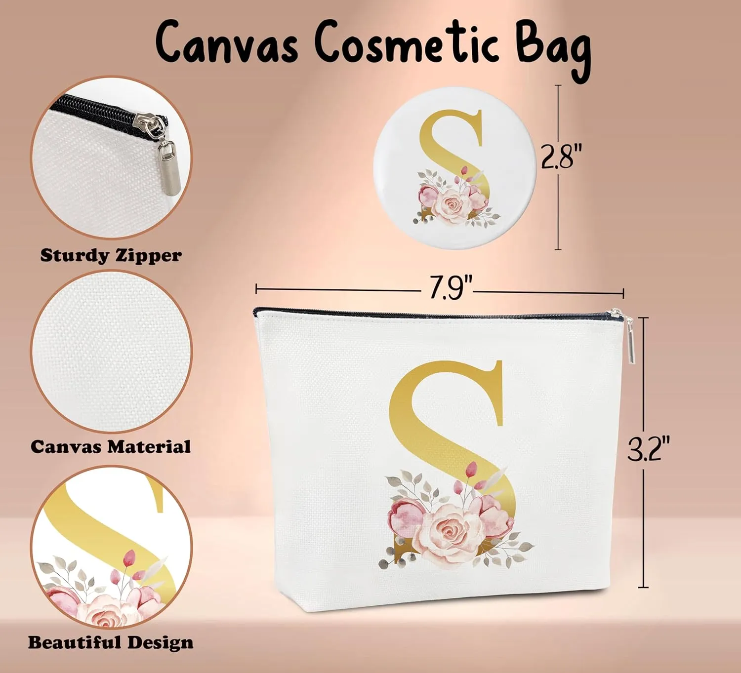 Initial Canvas Makeup Bag with Mirror,Purse Zipper Cosmetic Bag,Personalized Makeup Bag,Travel Makeup Pouch,Makeup Bag for Purse,Bridesmaid Gifts,Birthday Gift for Sister,Women,Girls,Her,Friend-S