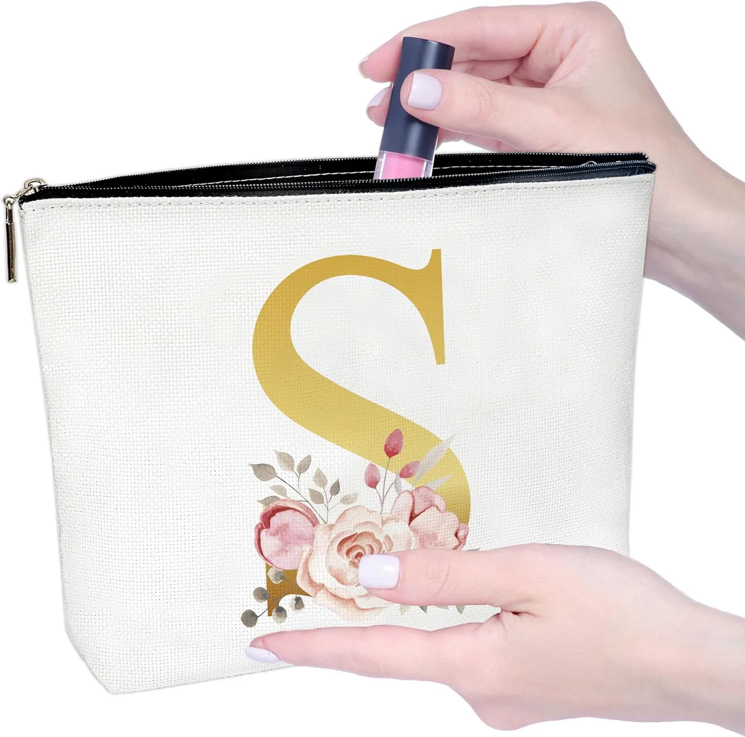 Initial Canvas Makeup Bag with Mirror,Purse Zipper Cosmetic Bag,Personalized Makeup Bag,Travel Makeup Pouch,Makeup Bag for Purse,Bridesmaid Gifts,Birthday Gift for Sister,Women,Girls,Her,Friend-S