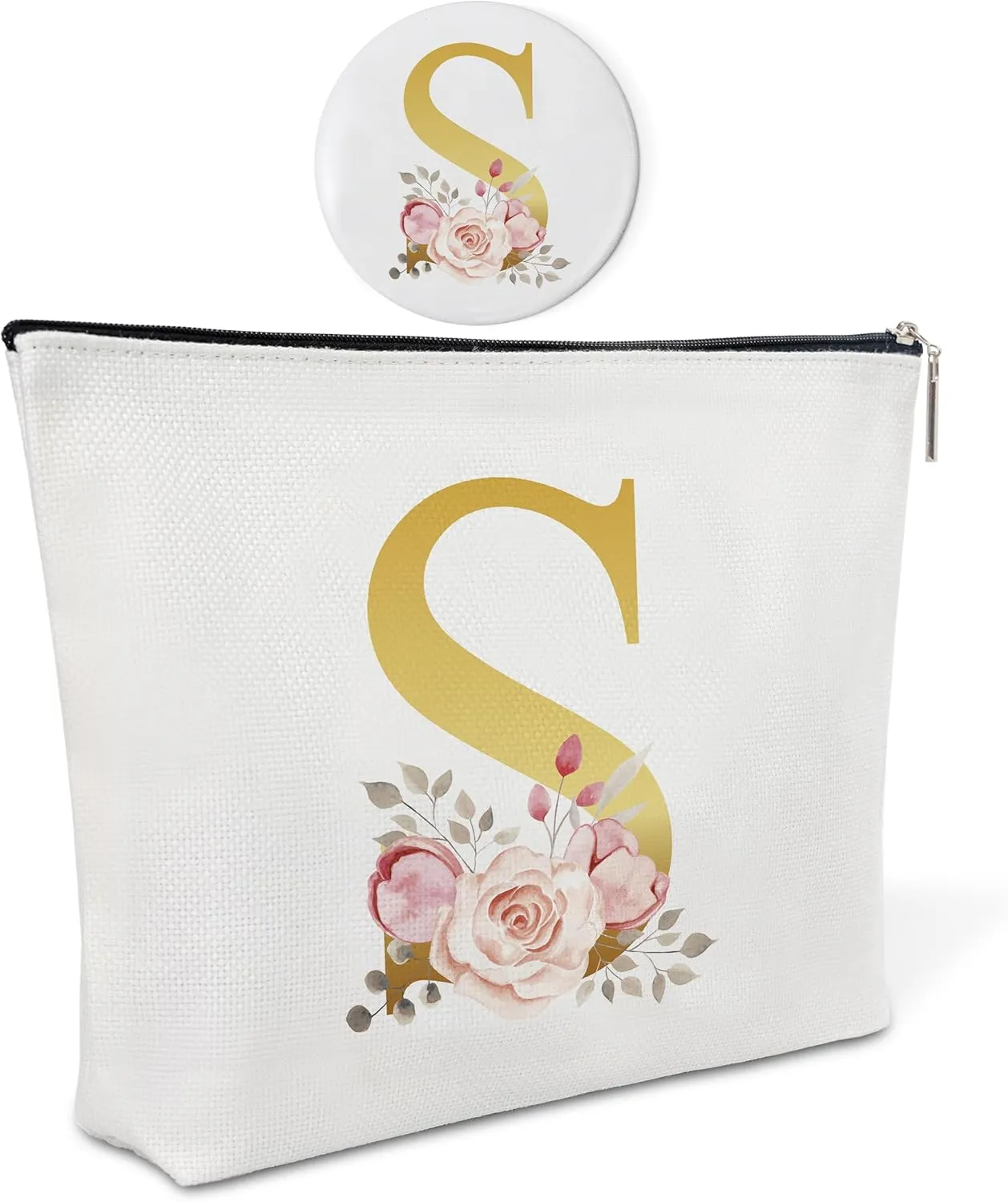 Initial Canvas Makeup Bag with Mirror,Purse Zipper Cosmetic Bag,Personalized Makeup Bag,Travel Makeup Pouch,Makeup Bag for Purse,Bridesmaid Gifts,Birthday Gift for Sister,Women,Girls,Her,Friend-S