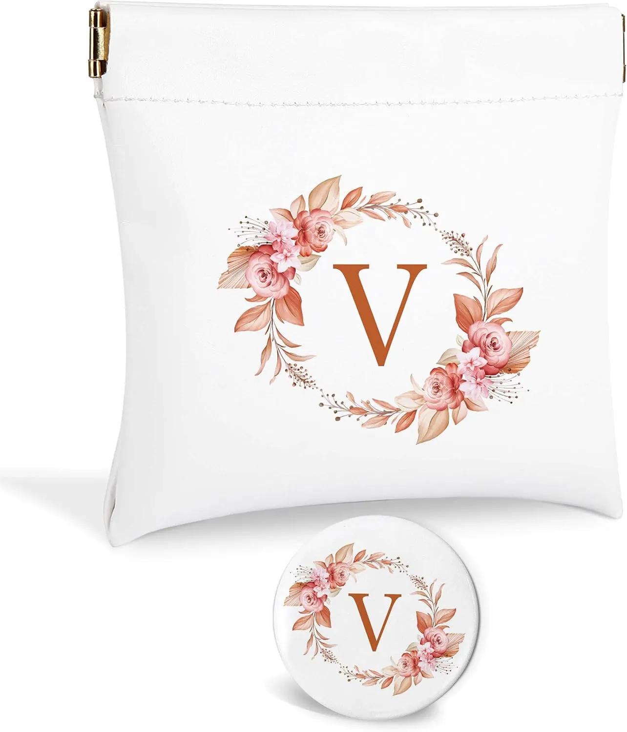 Initial Letter Pocket Cosmetic Bag,Pouches for Purse,Makeup Bag with Mirror,Purse Makeup Bag for Women Cosmetics Jewelry Charging Cable,Bridesmaid Gifts,Bridal Shower Gift Bags,Birthday Gifts-V