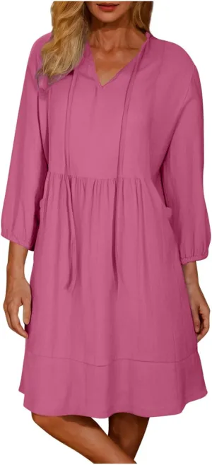 JOAU Womens 3/4 Sleeve Shirt Dress Summer Casual V Neck Drawstring Ruffle Hem A-Line Pleated Beach Midi Dresses with Pockets