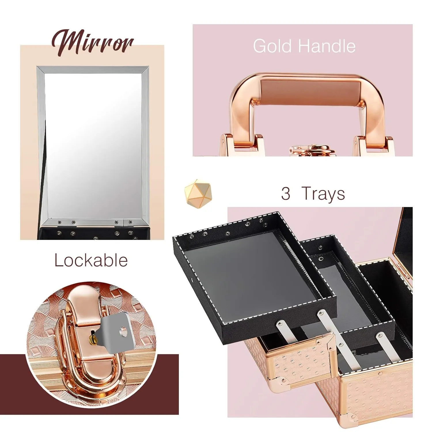 Joligrace Beauty Makeup Train Case for Lady Portable Cosmetic Box Jewelry Organizer Lockable with Keys and Mirror 2-Tier Trays Carrying with Handle Makeup Storage Box - Rose Gold