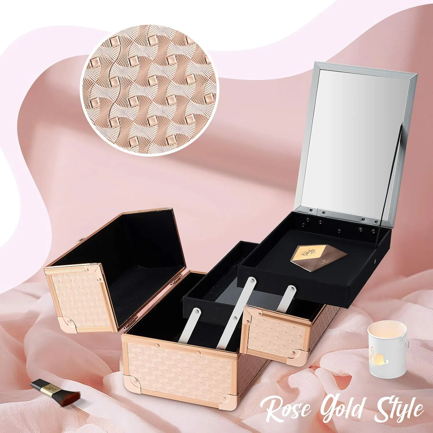 Joligrace Beauty Makeup Train Case for Lady Portable Cosmetic Box Jewelry Organizer Lockable with Keys and Mirror 2-Tier Trays Carrying with Handle Makeup Storage Box - Rose Gold