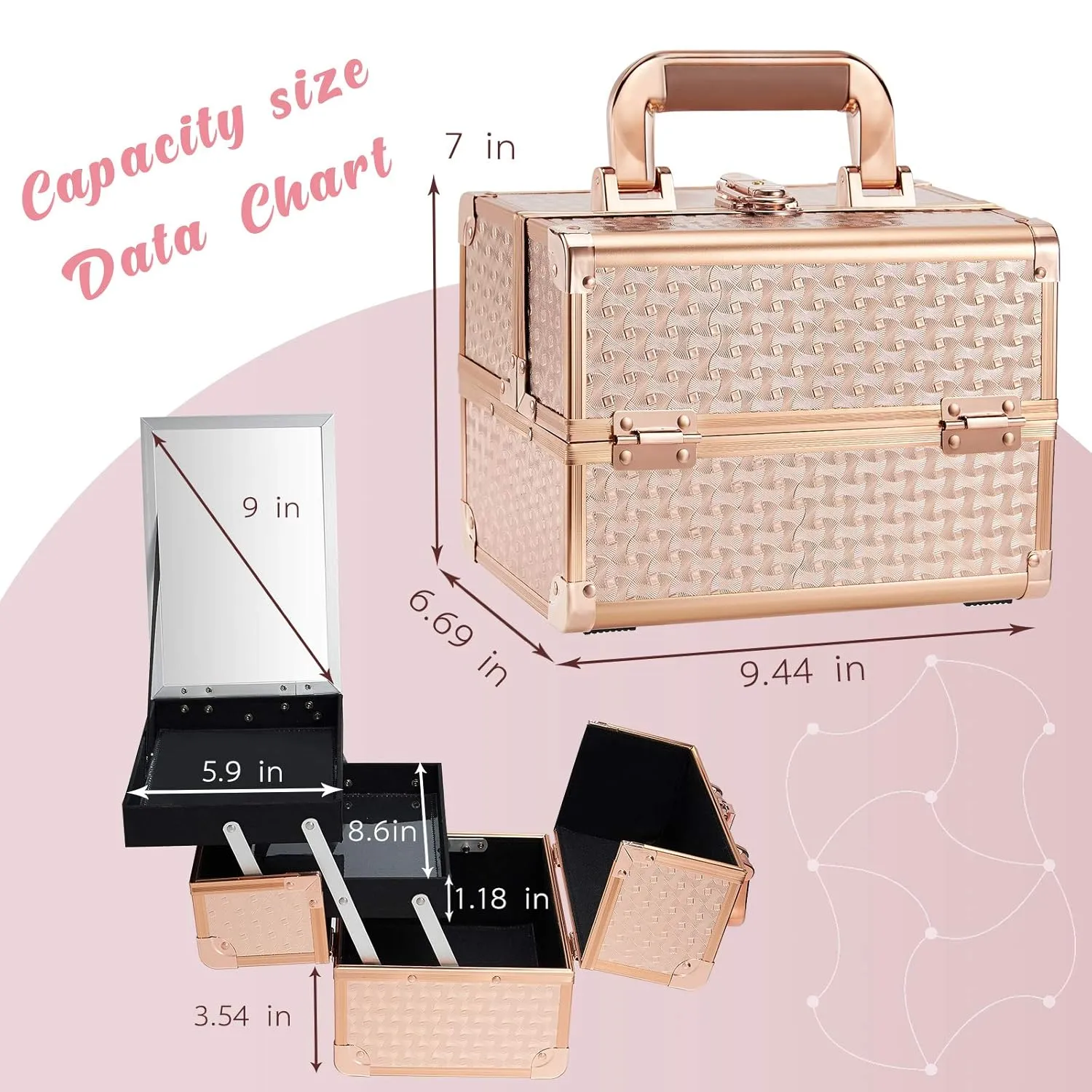 Joligrace Beauty Makeup Train Case for Lady Portable Cosmetic Box Jewelry Organizer Lockable with Keys and Mirror 2-Tier Trays Carrying with Handle Makeup Storage Box - Rose Gold