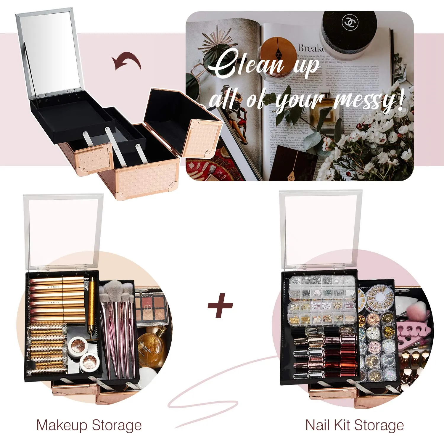 Joligrace Beauty Makeup Train Case for Lady Portable Cosmetic Box Jewelry Organizer Lockable with Keys and Mirror 2-Tier Trays Carrying with Handle Makeup Storage Box - Rose Gold