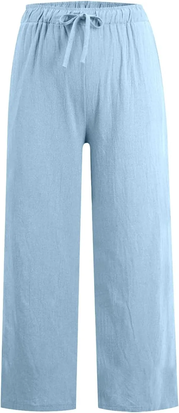 jovati Wide Leg Casual Pants for Womens Straight Leg High Waist Trousers Boho Cotton Linen Flowy Palazzo Pants