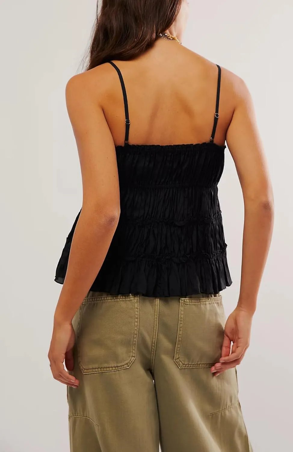 KMBANGI Women Y2k Tie Up Camisole Sleeveless Open Front Tie Babydoll Crop Top Spaghetti Strap Smocked Tiered Tank Tops