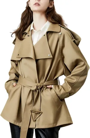 Kwoki Women's Short Trench Coat with Belt Double Breasted Notched Lapel Windbeaker Outwear Pea Coat
