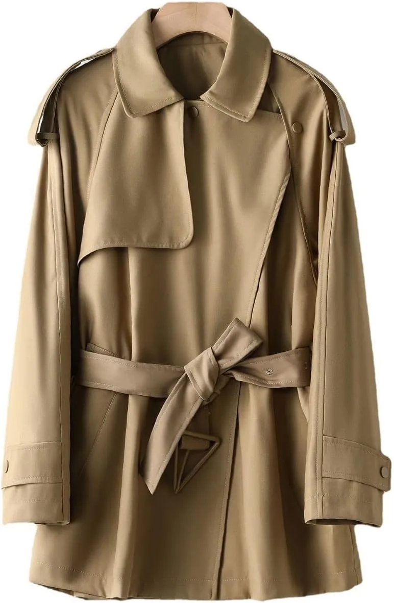 Kwoki Women's Short Trench Coat with Belt Double Breasted Notched Lapel Windbeaker Outwear Pea Coat