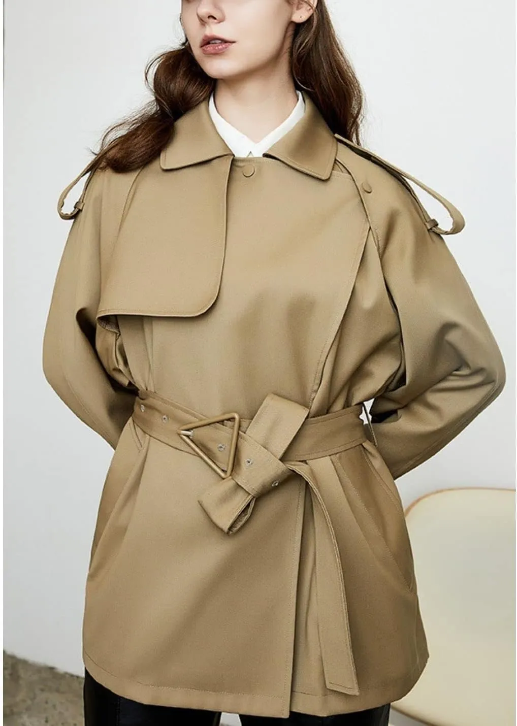 Kwoki Women's Short Trench Coat with Belt Double Breasted Notched Lapel Windbeaker Outwear Pea Coat