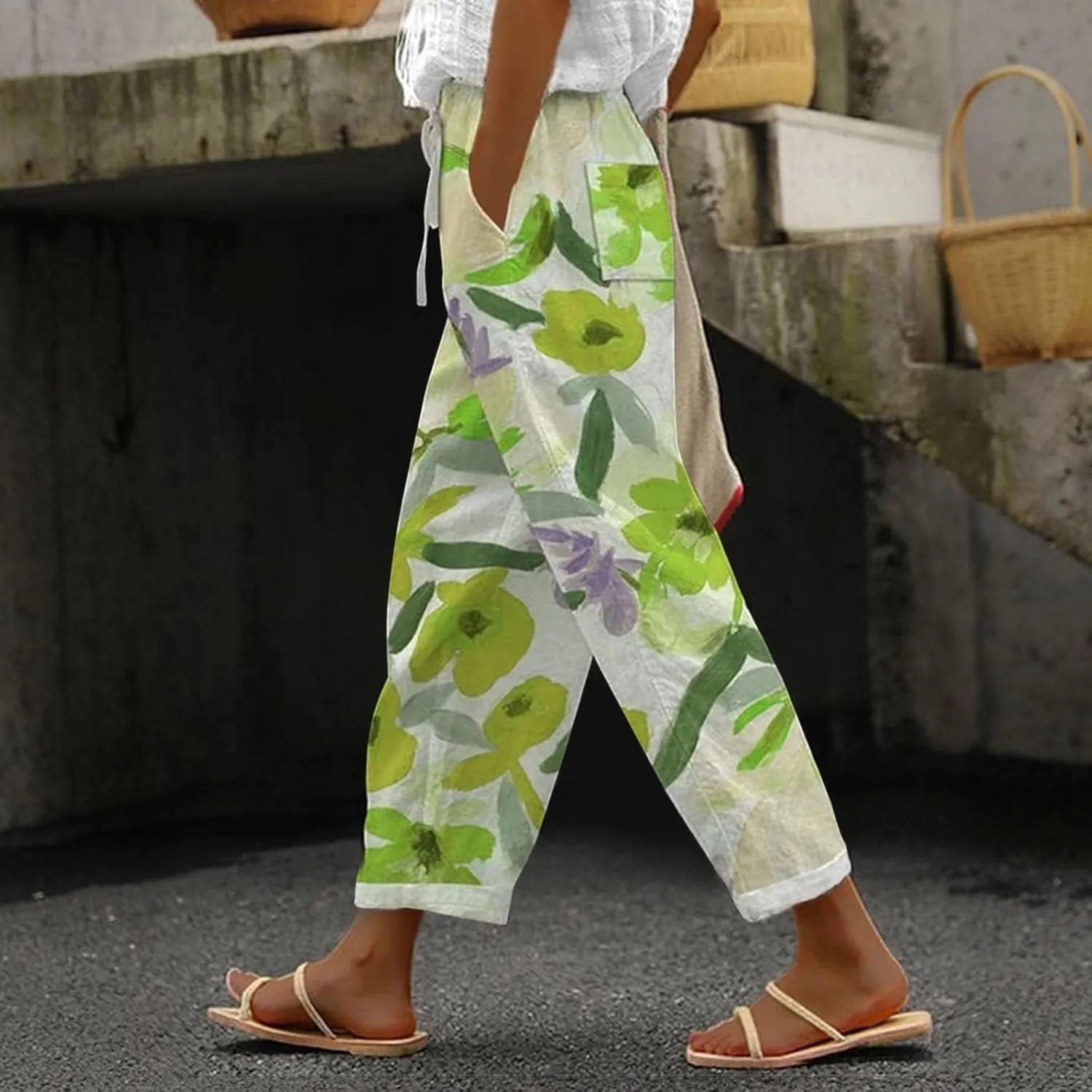 Linen Capri Pants for Women 2024 Capri Pants with Pockets Wide Leg Cropped Pants for Women Linen Capri Pants for