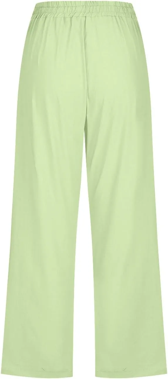 Linen Capri Pants for Women Drawstring Elastic Waisted Pants Summer Casual Trousers Loose Cropped Pants with Pockets