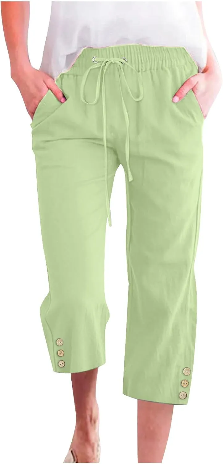Linen Capri Pants for Women Drawstring Elastic Waisted Pants Summer Casual Trousers Loose Cropped Pants with Pockets