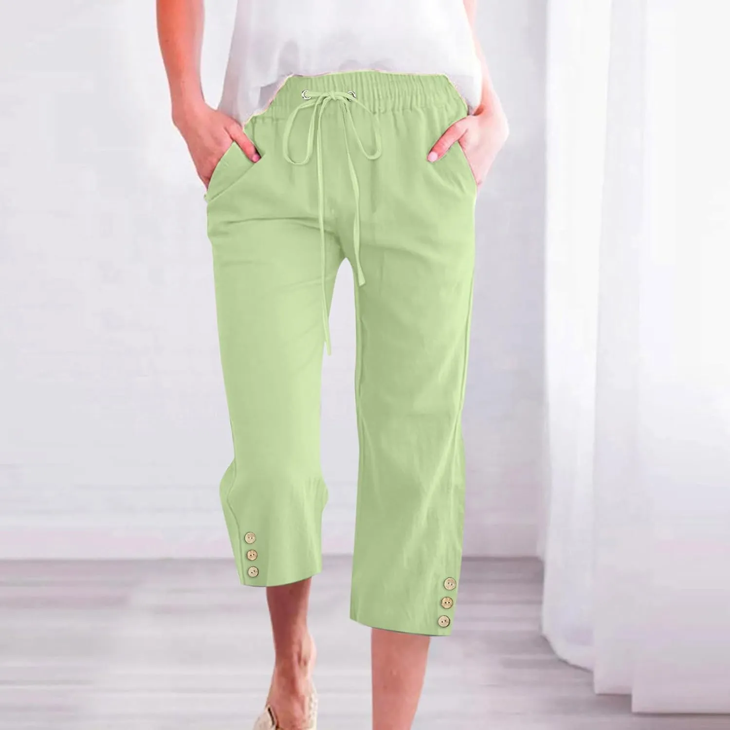 Linen Capri Pants for Women Drawstring Elastic Waisted Pants Summer Casual Trousers Loose Cropped Pants with Pockets