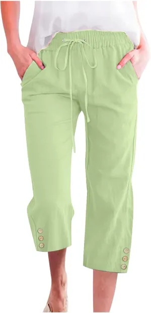 Linen Capri Pants for Women Drawstring Elastic Waisted Pants Summer Casual Trousers Loose Cropped Pants with Pockets