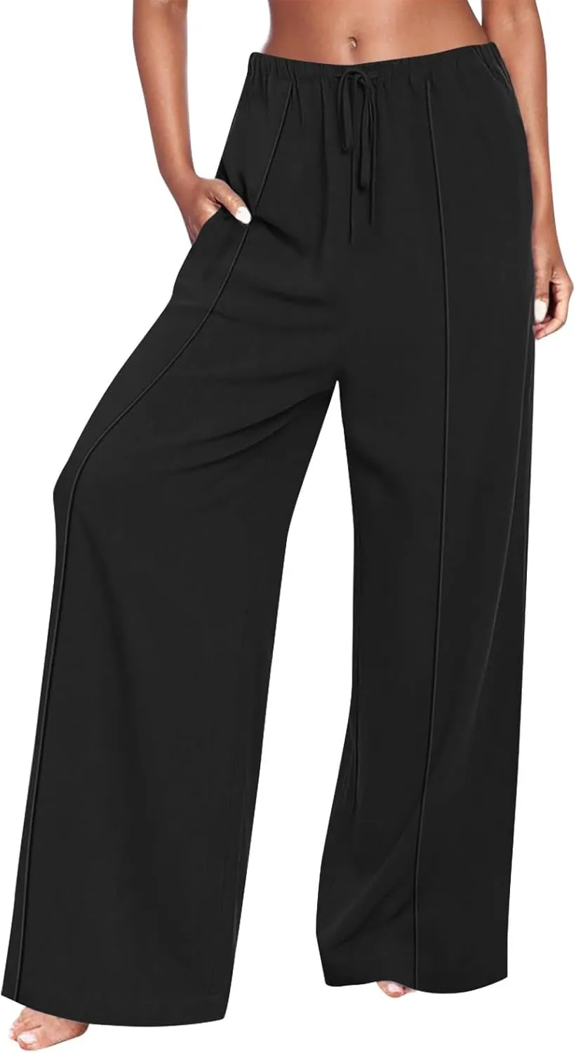 Linen Palazzo Pants for Women Loose Fit Comfy Wide Leg Pants Summer Drawstring High Waisted Lounge Pants with Pockets