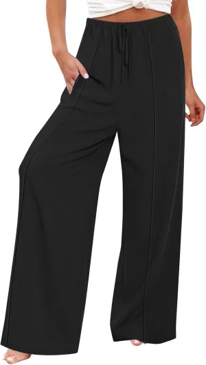 Linen Palazzo Pants for Women Loose Fit Comfy Wide Leg Pants Summer Drawstring High Waisted Lounge Pants with Pockets